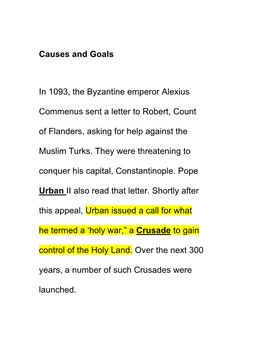 Causes and Goals in 1093, the Byzantine Emperor Alexius