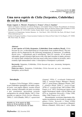 Uma Nova Espécie De Clelia (Serpentes, Colubridae) Do Sul Do Brasil