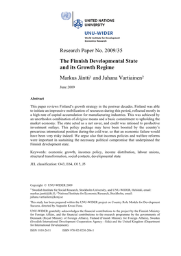Research Paper No. 2009/35 the Finnish Developmental State And