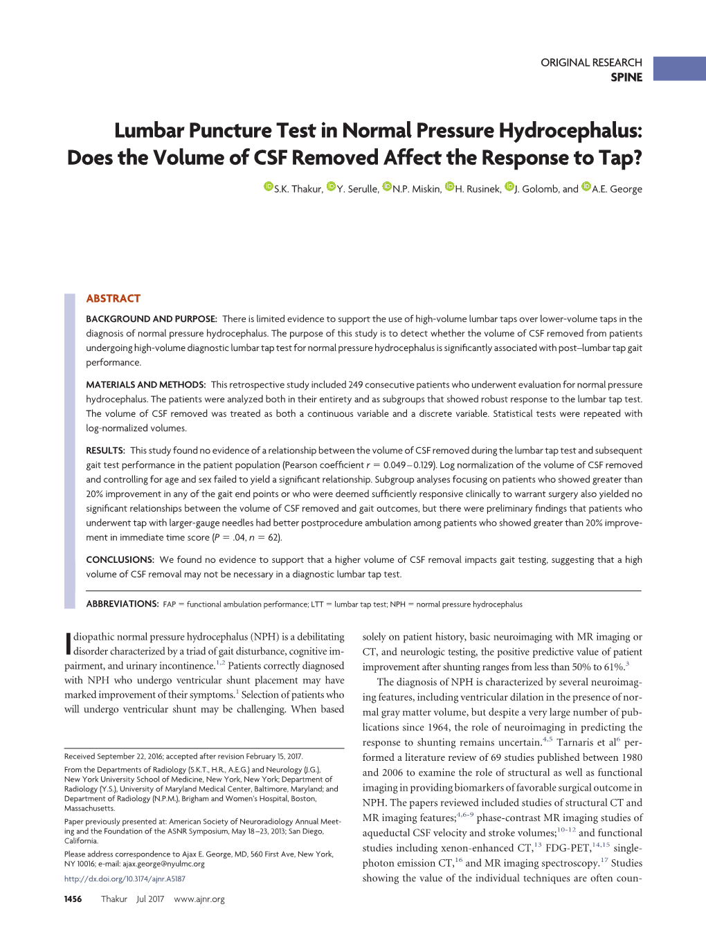 Lumbar Puncture Test in Normal Pressure Hydrocephalus: Does the Volume of CSF Removed Affect the Response to Tap?