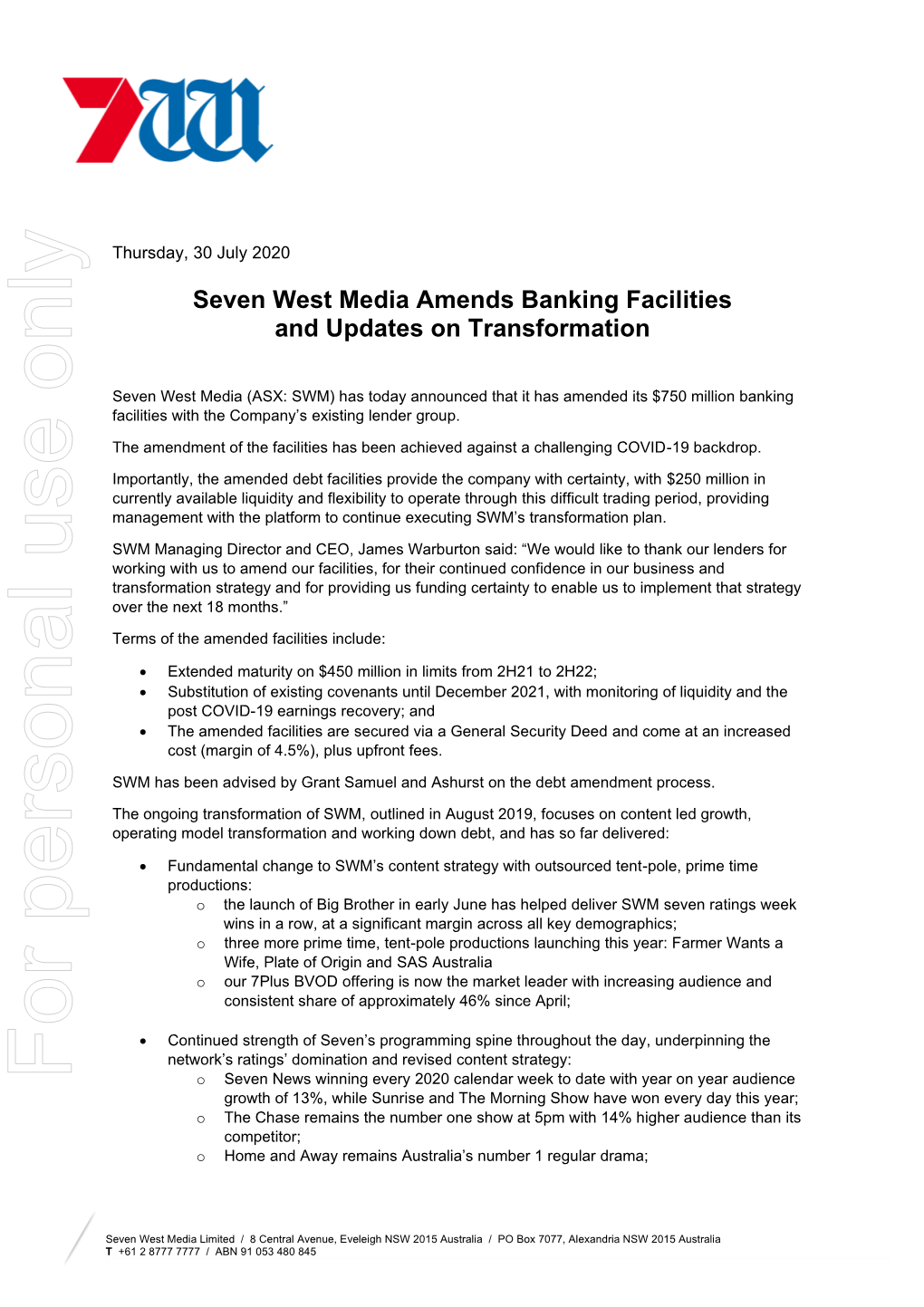 Seven West Media Amends Banking Facilities and Updates on Transformation