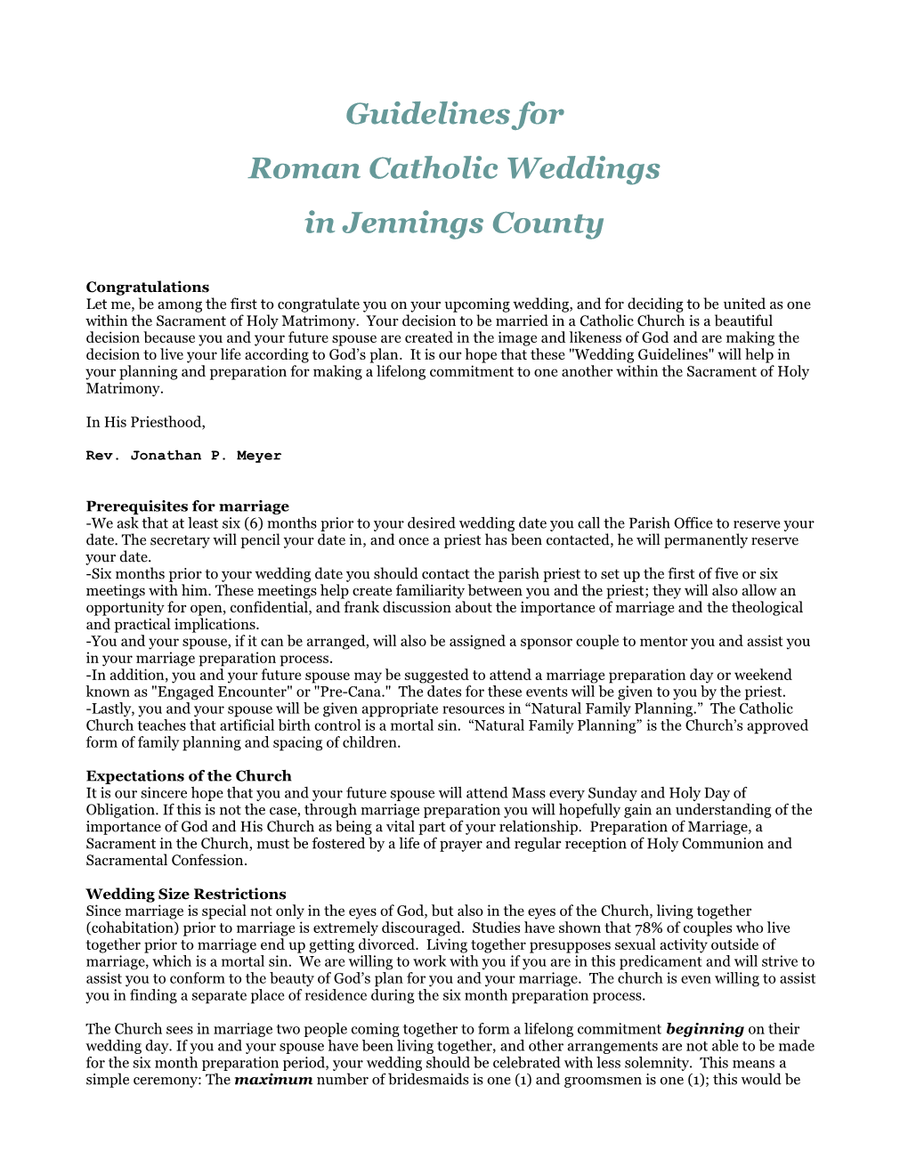 Guidelines for Roman Catholic Weddings in Jennings County