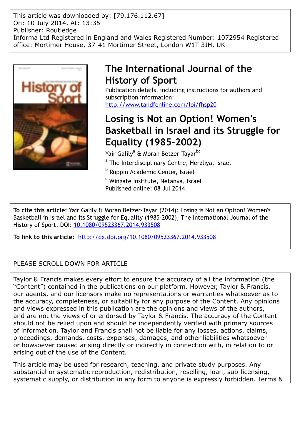 The International Journal of the History of Sport Losing Is Not An