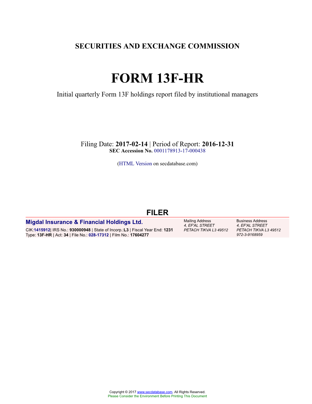 Migdal Insurance & Financial Holdings Ltd. Form 13F-HR Filed