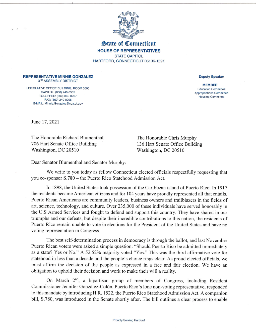 Letter to CT Senators