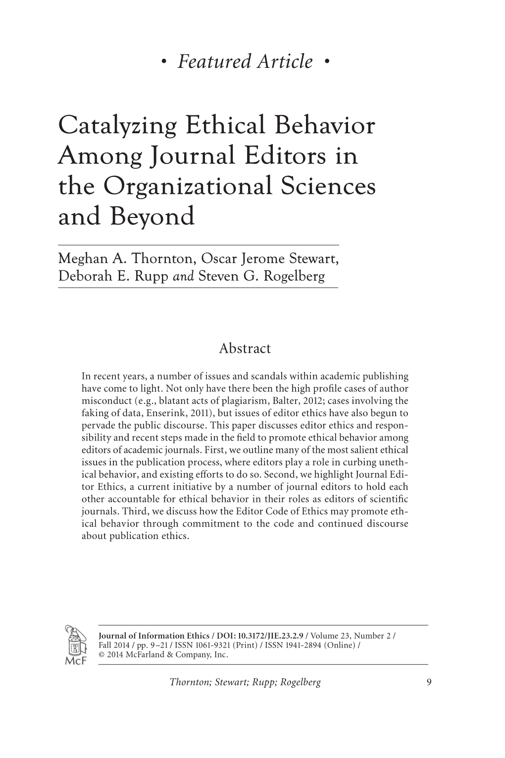 Catalyzing Ethical Behavior Among Journal Editors in the Organizational Sciences and Beyond