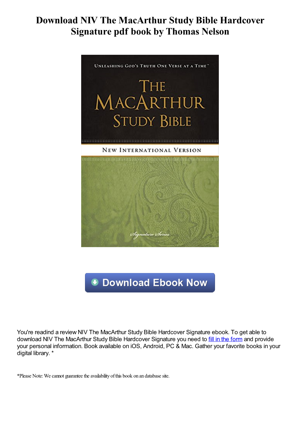 Download NIV the Macarthur Study Bible Hardcover Signature Pdf Book by Thomas Nelson