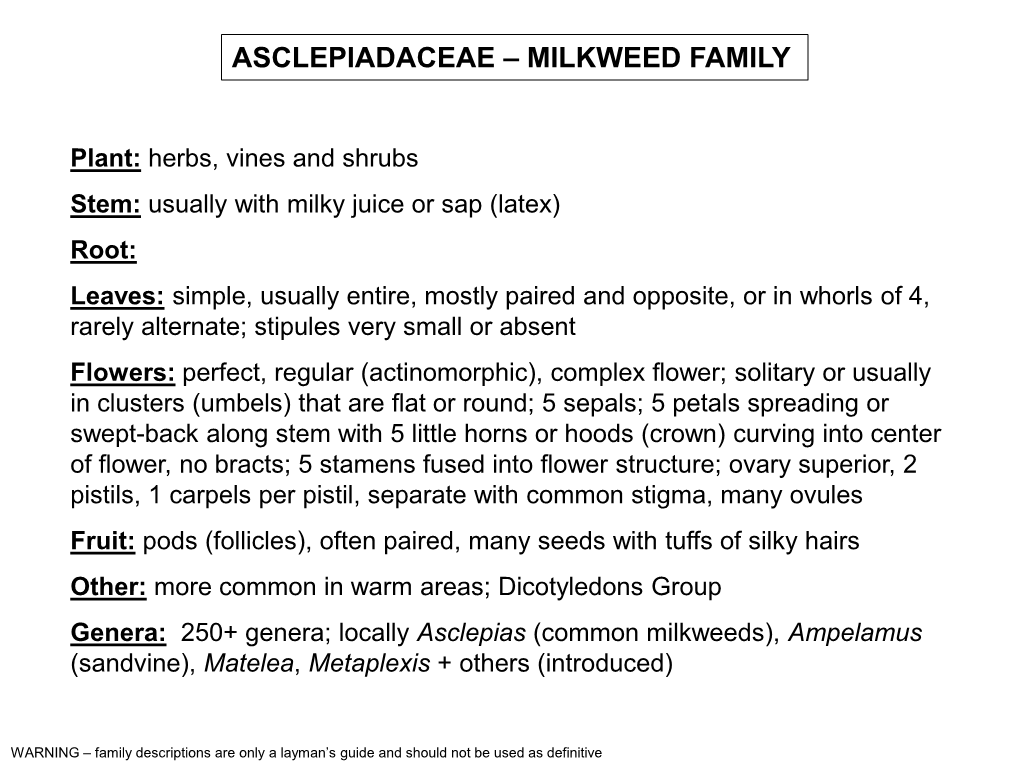 Asclepiadaceae – Milkweed Family