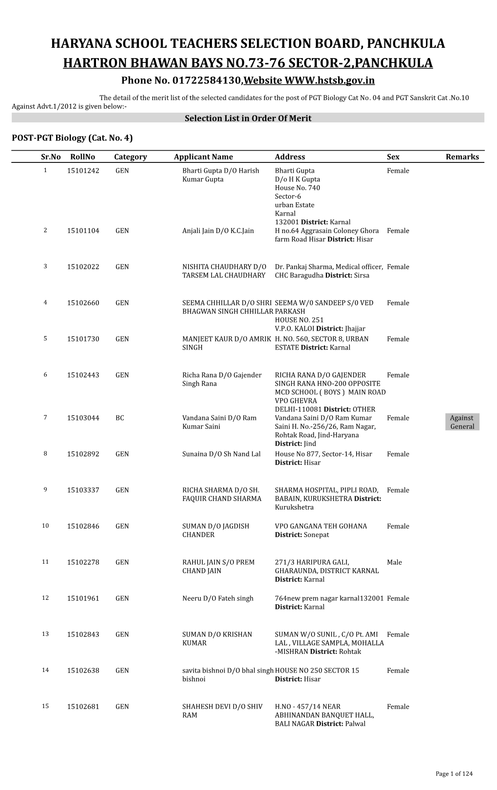 HARYANA SCHOOL TEACHERS SELECTION BOARD, PANCHKULA HARTRON BHAWAN BAYS NO.73-76 SECTOR-2,PANCHKULA Phone No