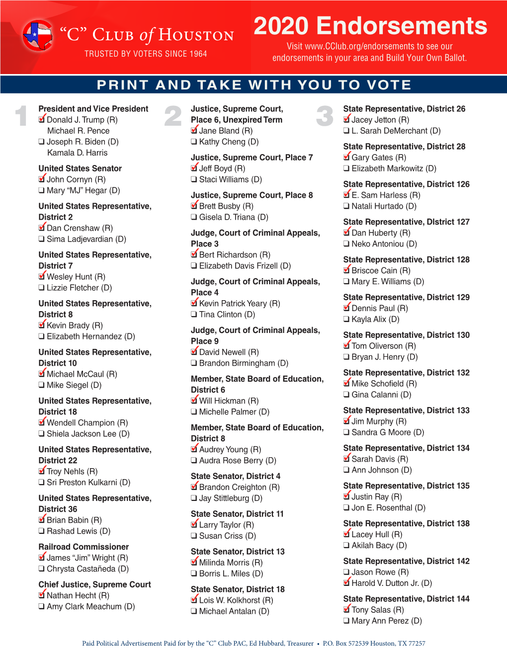 2020 Endorsements Visit to See Our TRUSTED by VOTERS SINCE 1964 Endorsements in Your Area and Build Your Own Ballot