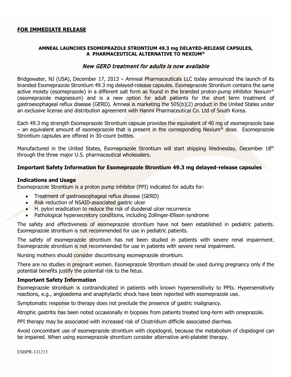 ESOMEPRAZOLE STRONTIUM 49.3 Mg DELAYED-RELEASE CAPSULES, a PHARMACEUTICAL ALTERNATIVE to NEXIUM®