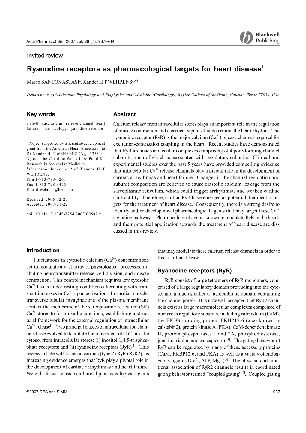Invited Review Ryanodine Receptors As Pharmacological Targets for Heart Disease1