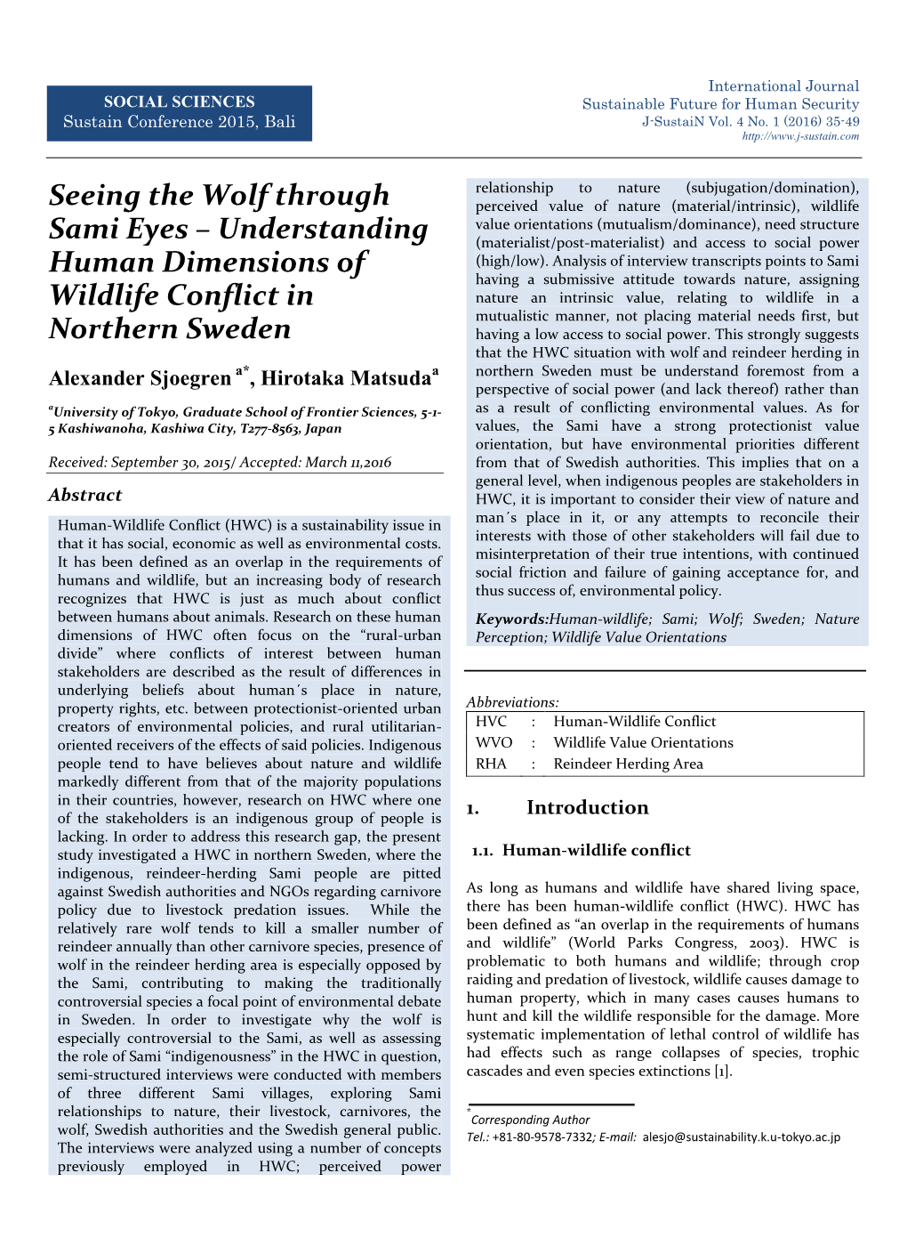 Seeing the Wolf Through Sami Eyes – Understanding Human Dimensions of Wildlife Conflict in Northern Sweden