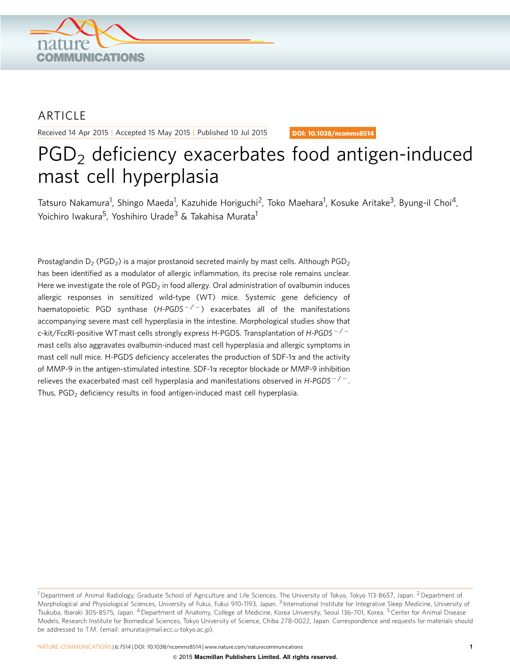 PGD2 Deficiency Exacerbates Food Antigen-Induced Mast Cell Hyperplasia