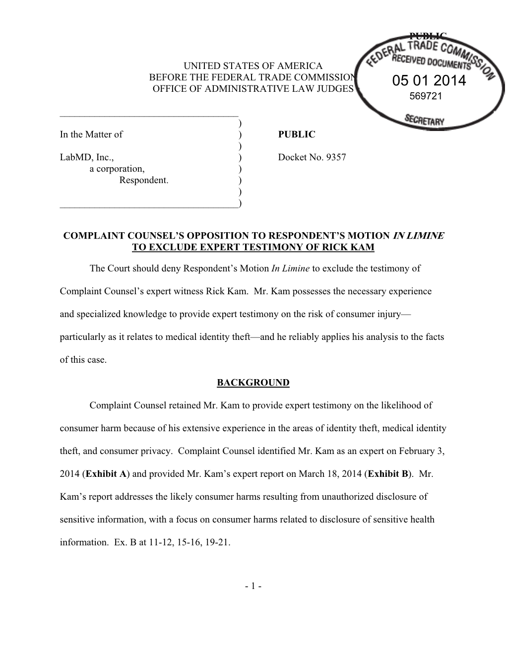 United States of America Before the Federal Trade Commission 05 01 2014 Office of Administrative Law Judges