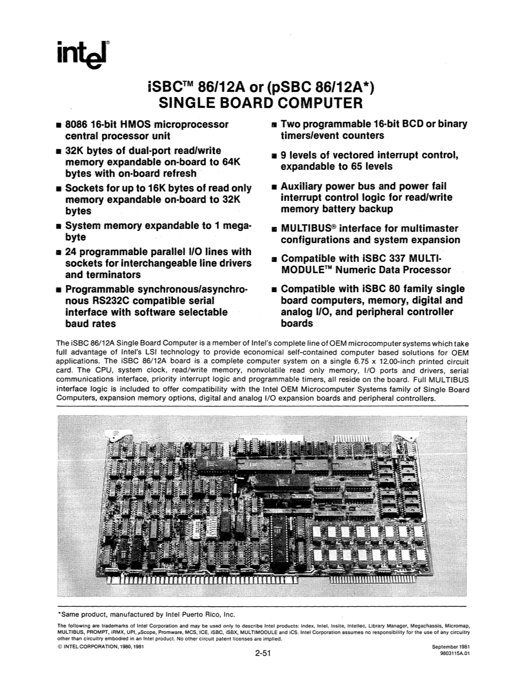 Isbc™ 86/12A Or (Psbc 86/12A *) SINGLE BOARD COMPUTER