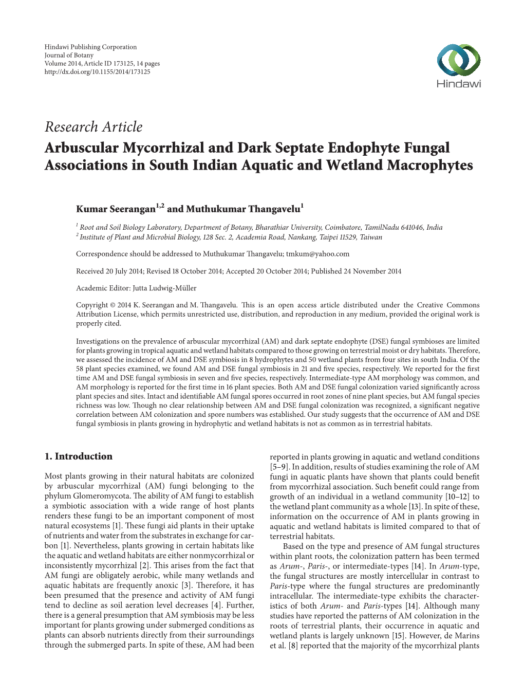 Arbuscular Mycorrhizal and Dark Septate Endophyte Fungal Associations in South Indian Aquatic and Wetland Macrophytes