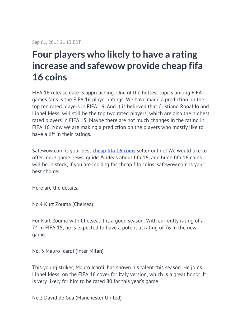 Four Players Who Likely to Have a Rating Increase and Safewow Provide Cheap Fifa 16 Coins