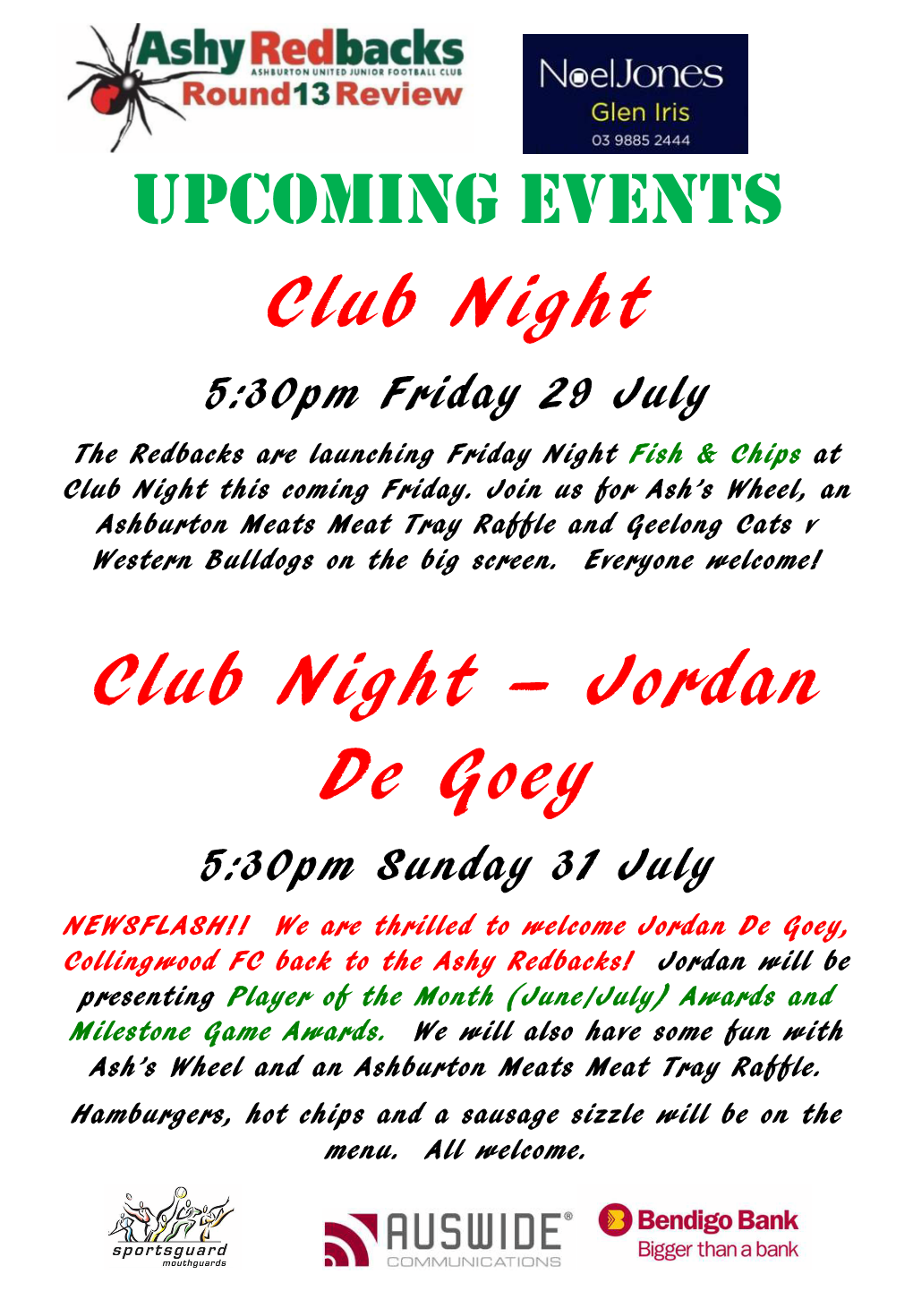 UPCOMING EVENTS Club Night Club Night – Jordan De Goey