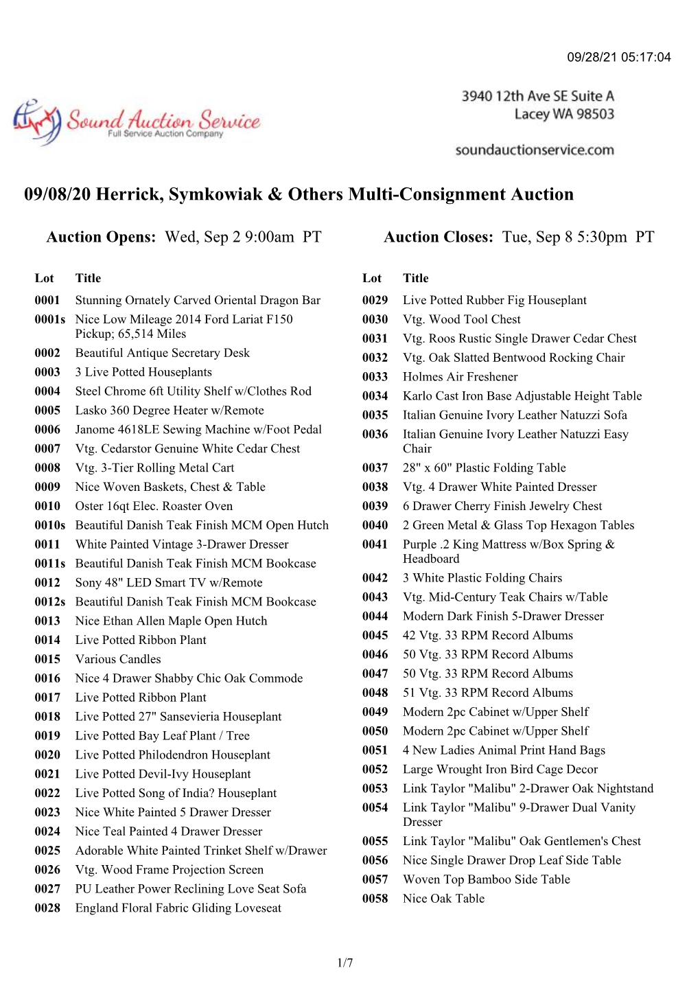 09/08/20 Herrick, Symkowiak & Others Multi-Consignment Auction