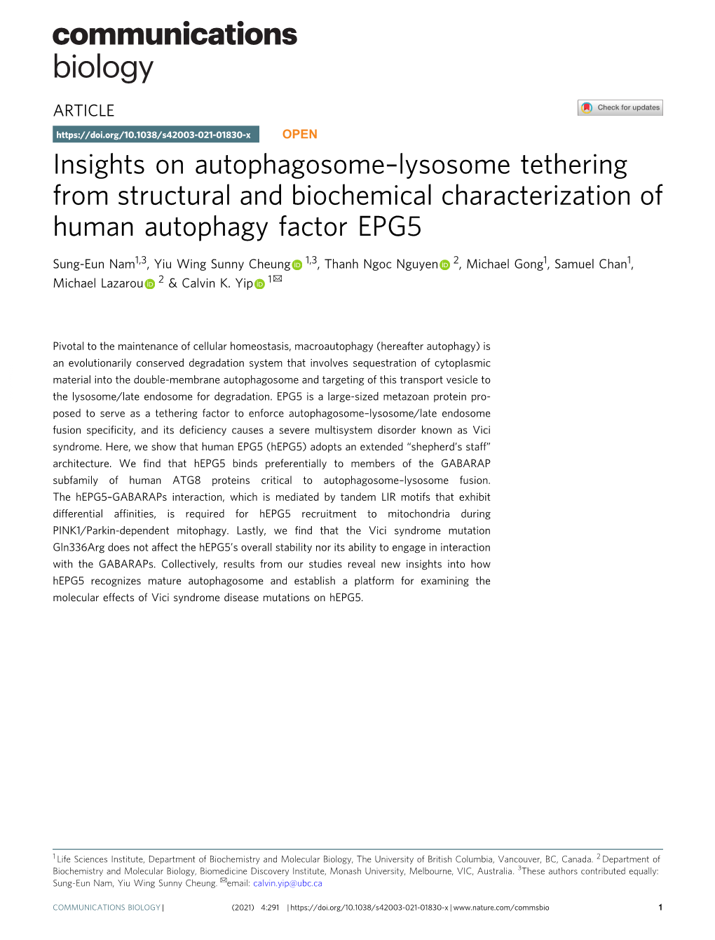 Lysosome Tethering from Structural and Biochemical Characterization of Human Autophagy Factor EPG5