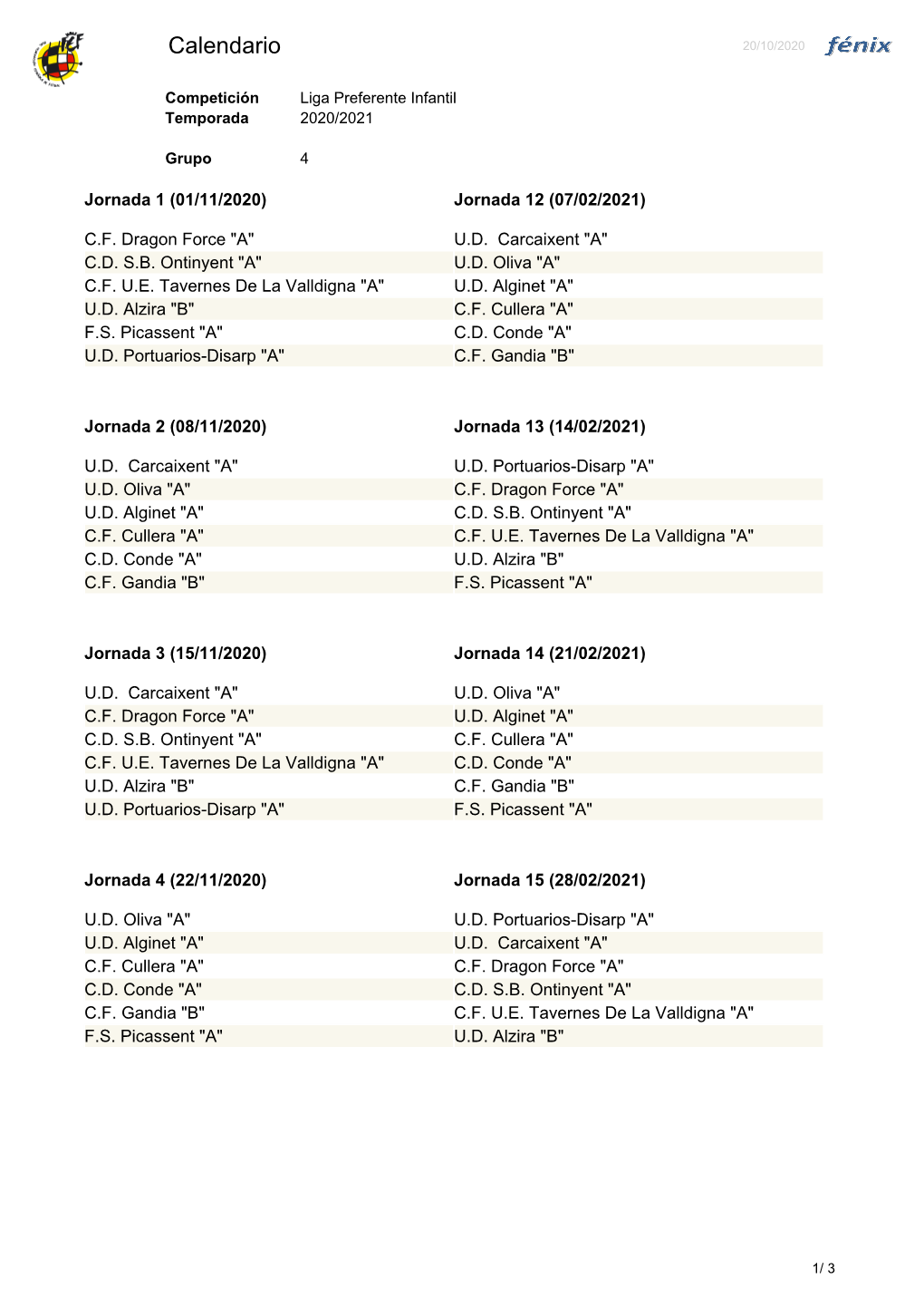 Calendario 20/10/2020