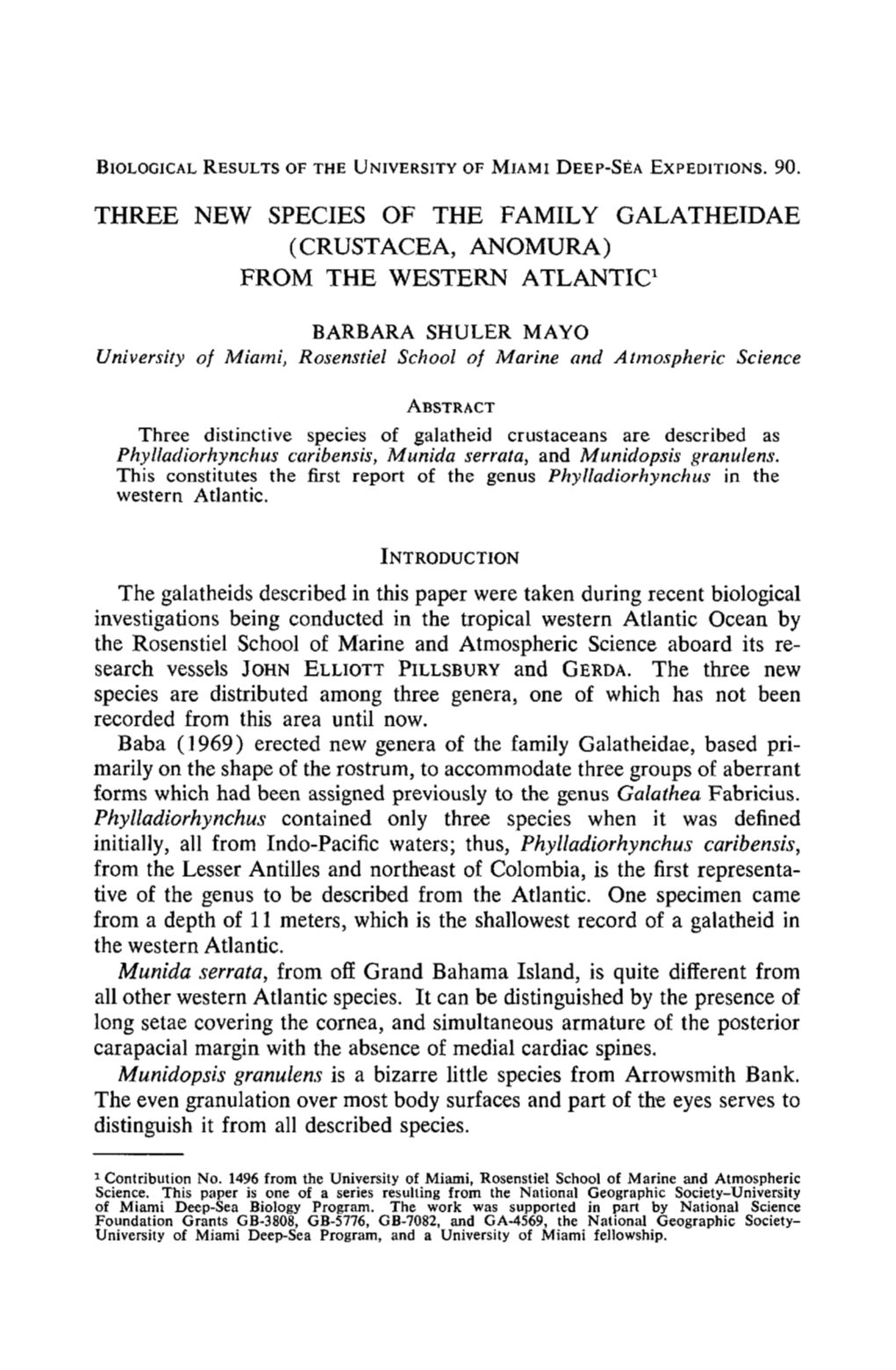 THREE NEW SPECIES of the FAMILY GALATHEIDAE (CRUSTACEA, ANOMURA) from the WESTERN Atlantie