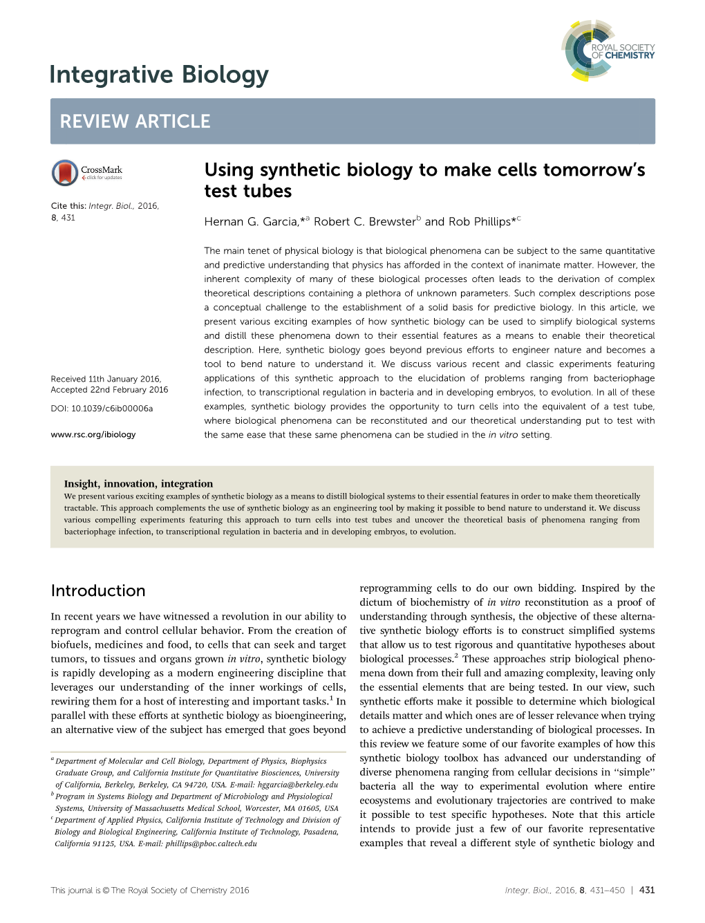 Using Synthetic Biology to Make Cells Tomorrow's Test Tubes