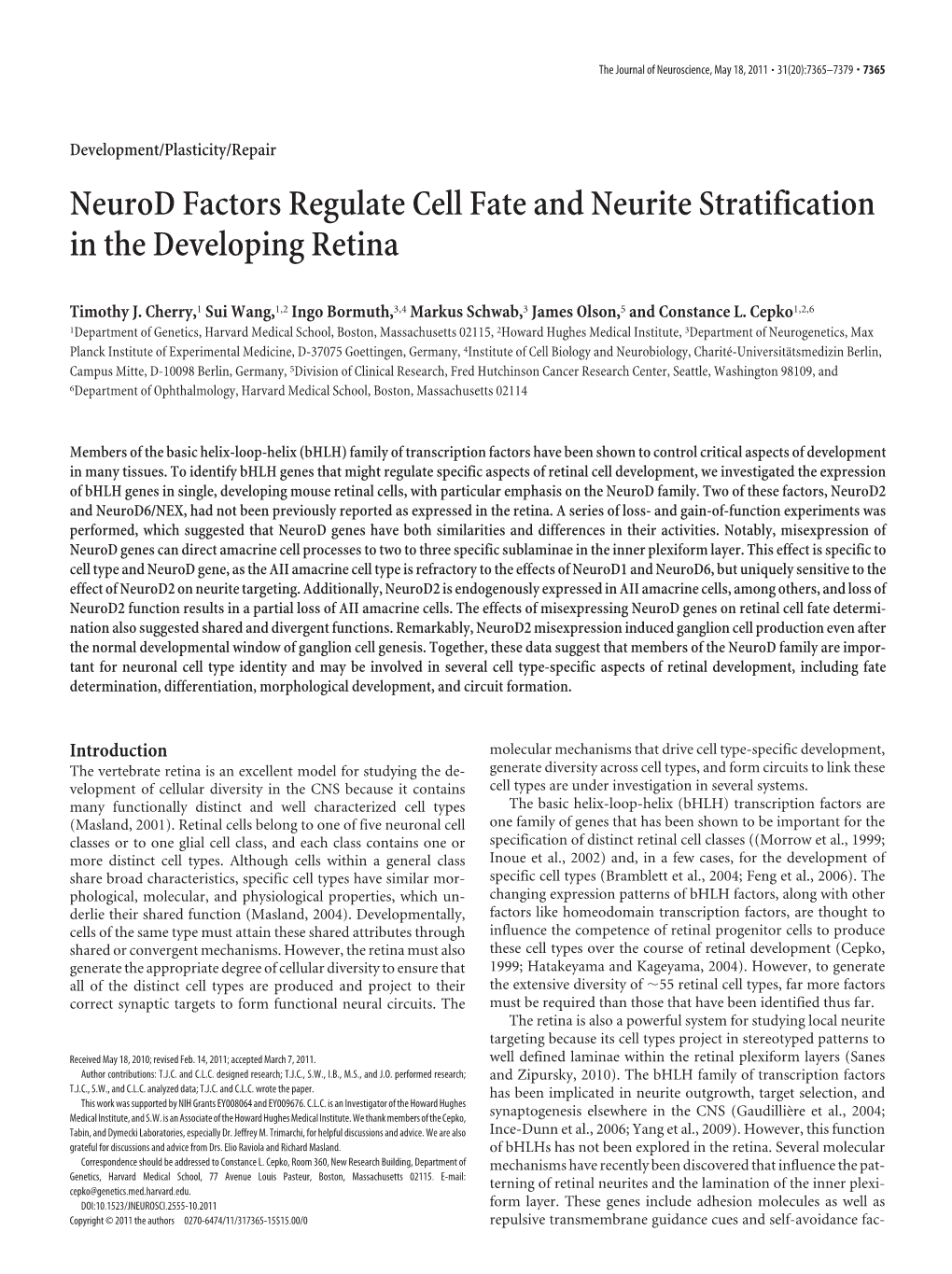 Neurod Factors Regulate Cell Fate and Neurite Stratification in the Developing Retina