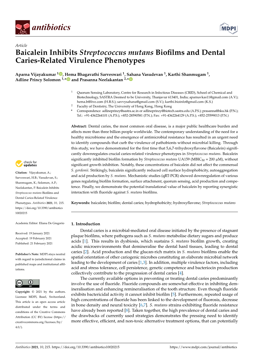 Baicalein Inhibits Streptococcus Mutans Biofilms and Dental Caries