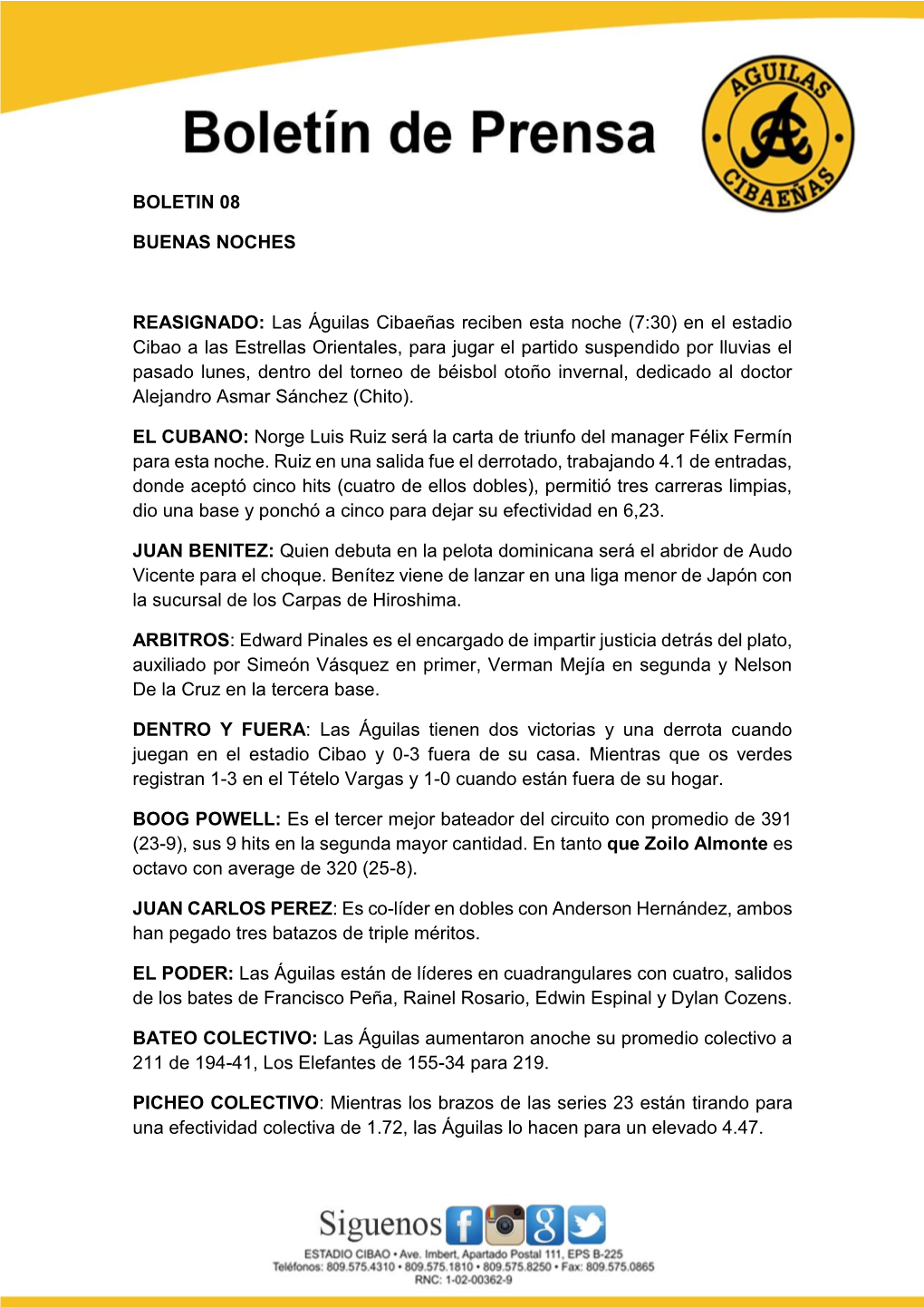 BOLETIN 08 BUENAS NOCHES REASIGNADO: Las Águilas