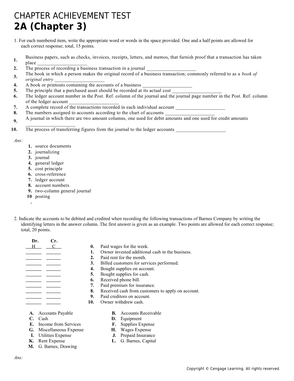 Chapter Achievement Test: 2A1