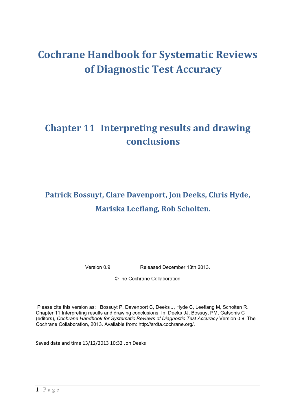 Cochrane Handbook for Systematic Reviews of Diagnostic Test Accuracy