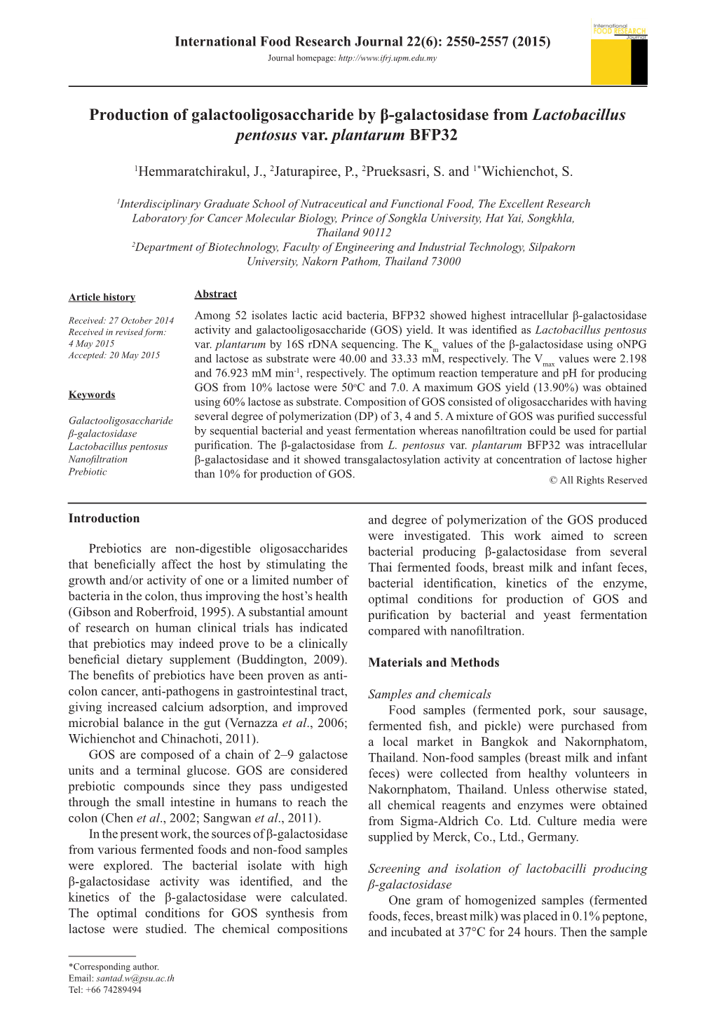 Production of Galactooligosaccharide by Β-Galactosidase from Lactobacillus Pentosus Var. Plantarum BFP32