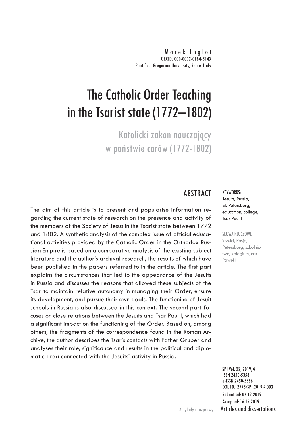 The Catholic Order Teaching in the Tsarist State (1772–1802) Katolicki Zakon Nauczający W Państwie Carów (1772-1802)