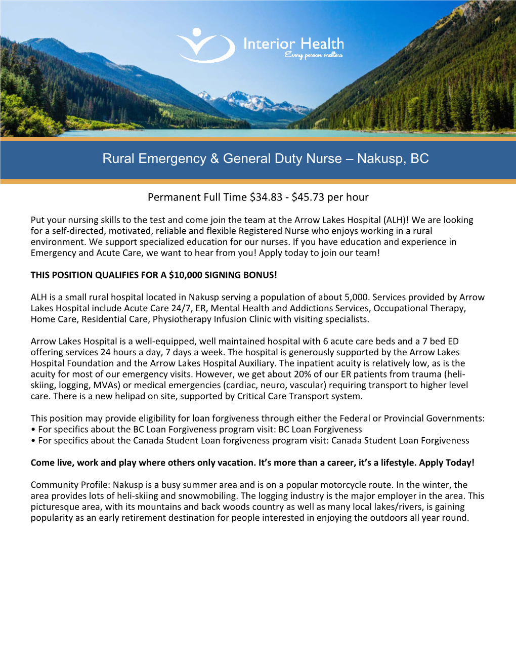Rural Emergency & General Duty Nurse – Nakusp, BC