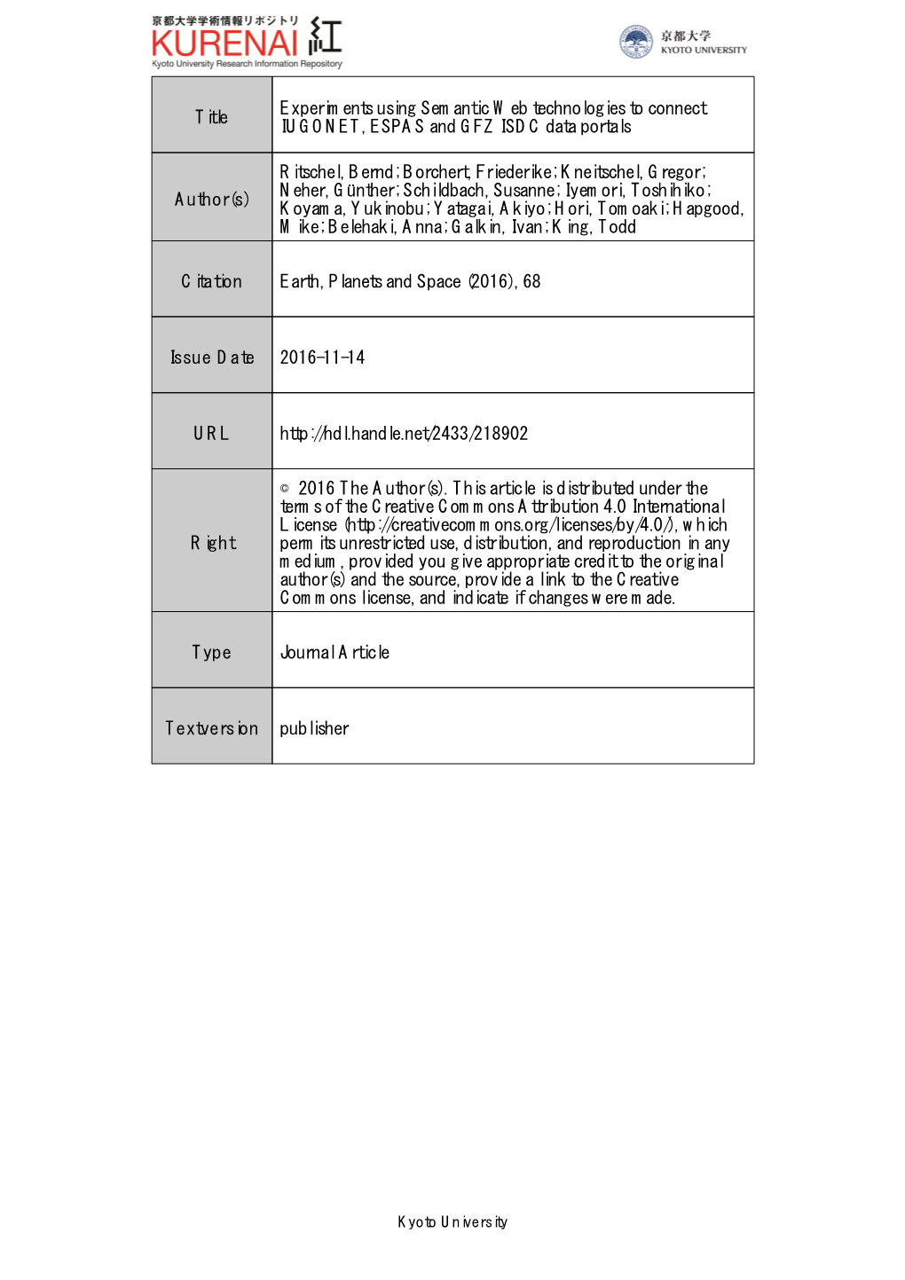 Title Experiments Using Semantic Web Technologies to Connect IUGONET