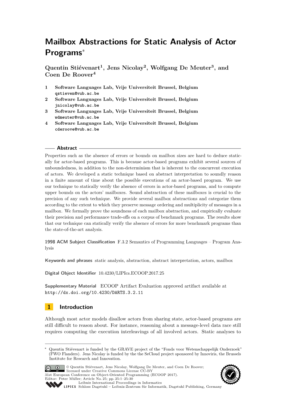 Mailbox Abstractions for Static Analysis of Actor Programs∗