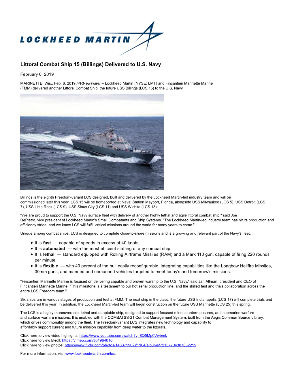 Littoral Combat Ship 15 (Billings) Delivered to US Navy