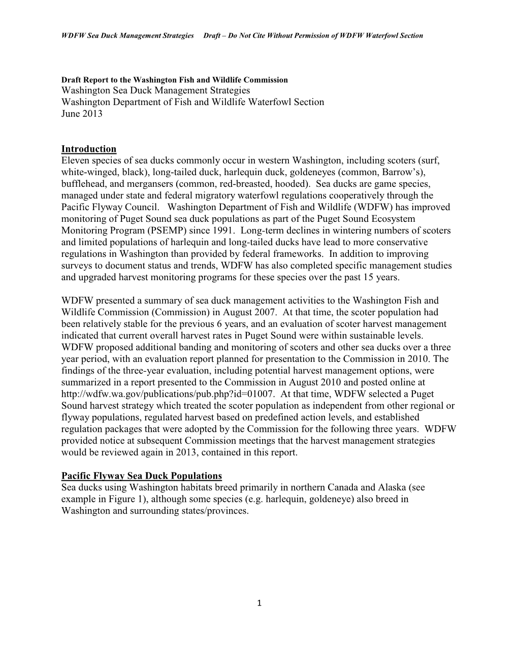 Washington Sea Duck Management Strategies Washington Department of Fish and Wildlife Waterfowl Section June 2013