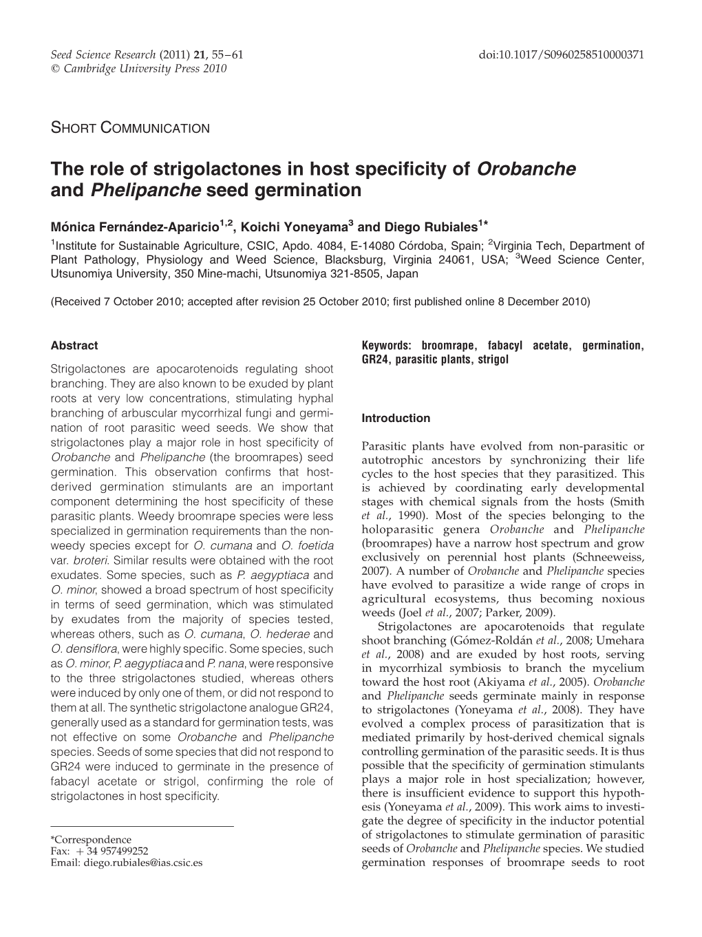 The Role of Strigolactones in Host Specificity of Orobanche And