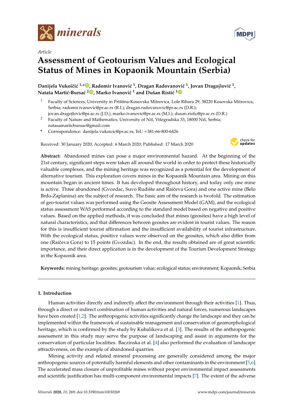 Assessment of Geotourism Values and Ecological Status of Mines in Kopaonik Mountain (Serbia)