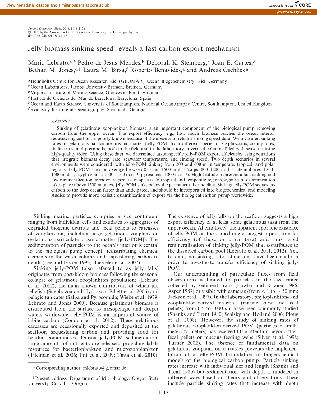 Jelly Biomass Sinking Speed Reveals a Fast Carbon Export Mechanism