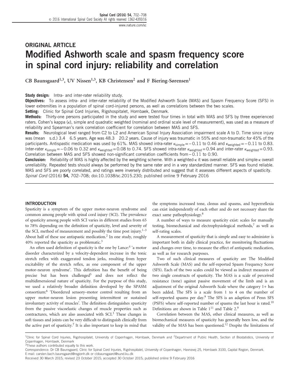 Modified Ashworth Scale and Spasm Frequency Score in Spinal Cord Injury