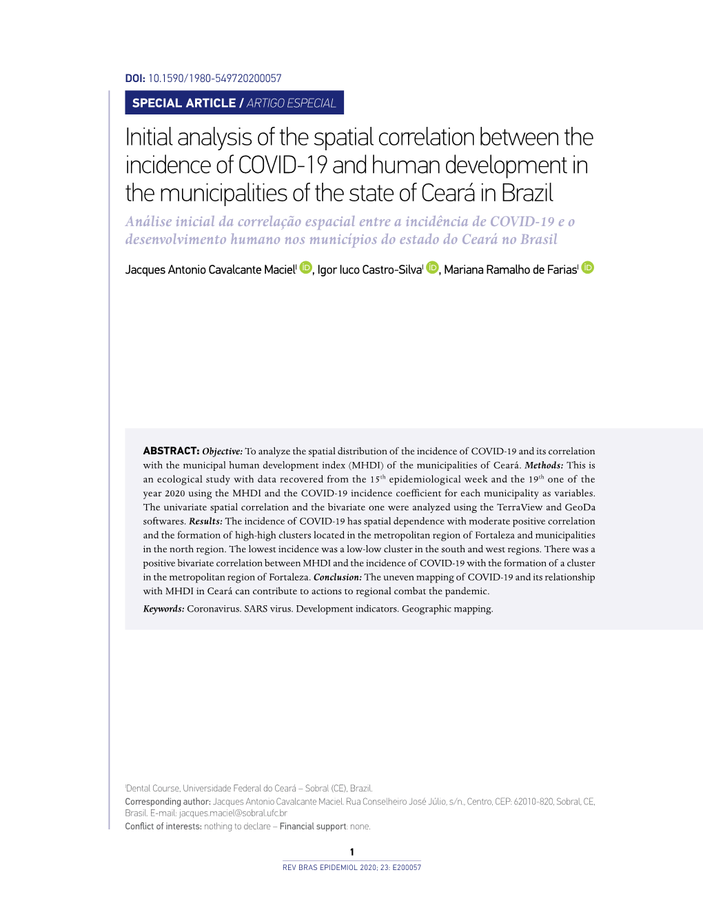 Initial Analysis of the Spatial Correlation Between the Incidence of COVID-19 and Human Development in the Municipalities Of