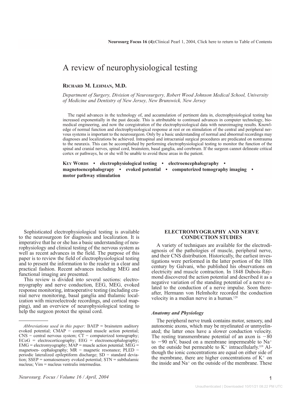 A Review of Neurophysiological Testing