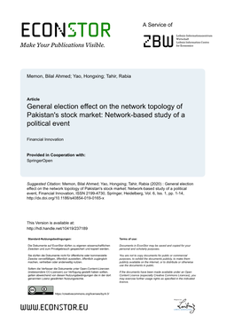 General Election Effect on the Network Topology of Pakistan's Stock Market: Network-Based Study of a Political Event