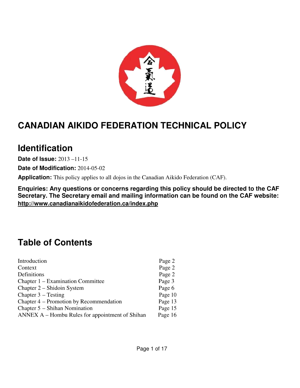 CANADIAN AIKIDO FEDERATION Identification Table of Contents