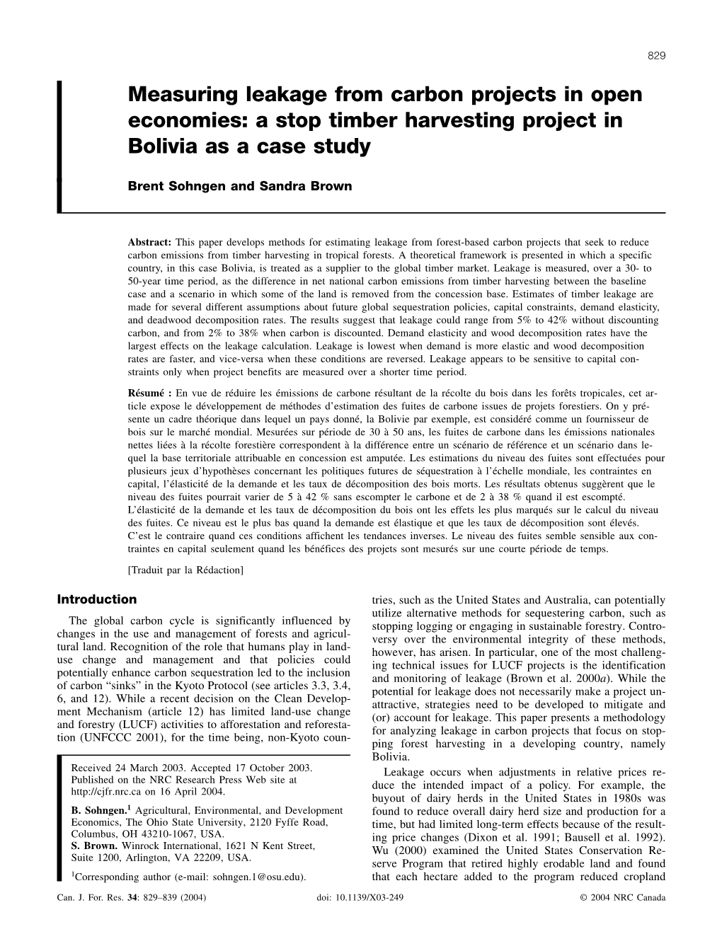 Measuring Leakage from Carbon Projects in Open Economies: a Stop Timber Harvesting Project in Bolivia As a Case Study