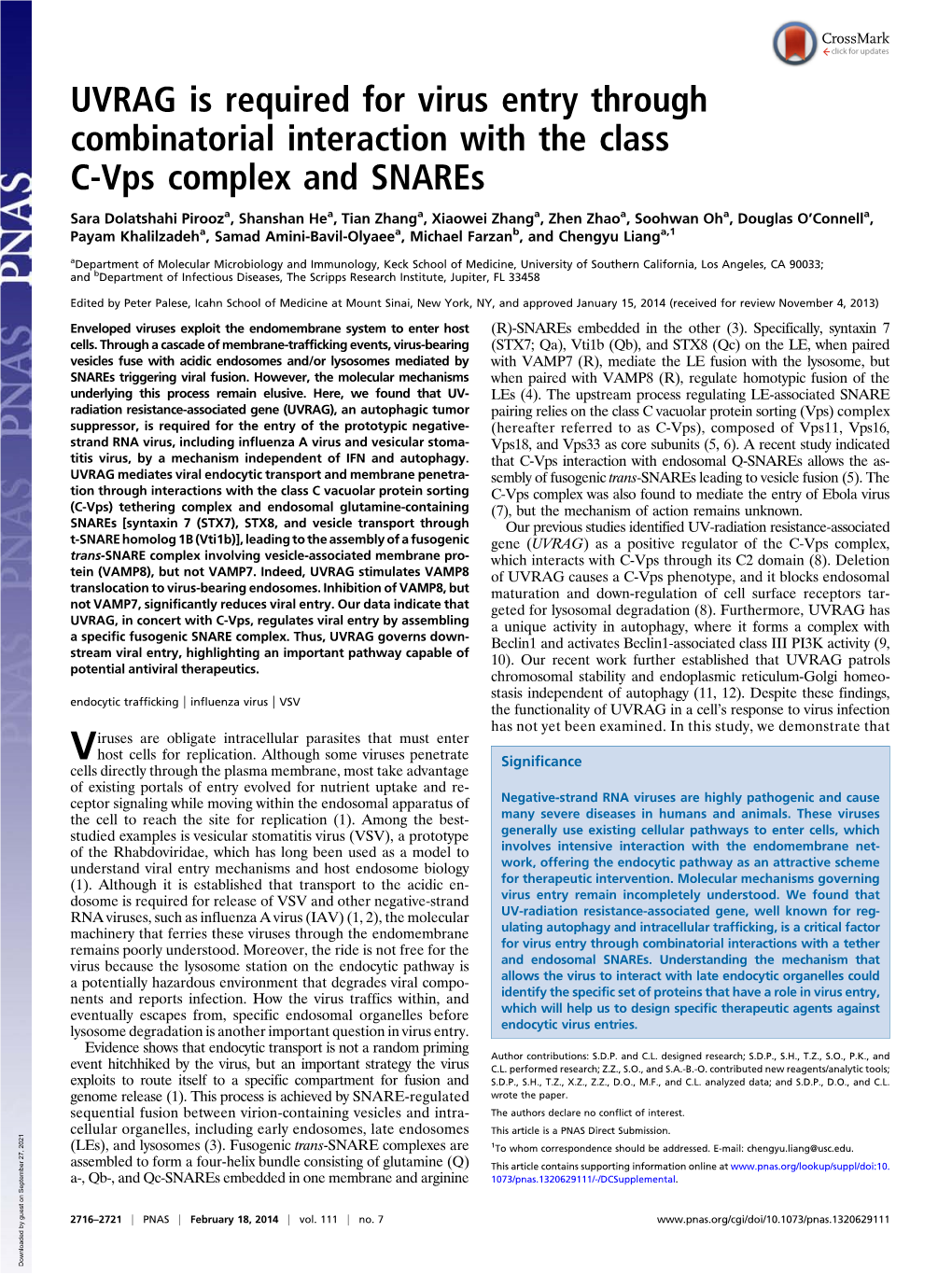 UVRAG Is Required for Virus Entry Through Combinatorial Interaction with the Class C-Vps Complex and Snares